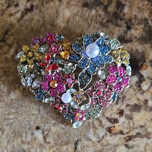 Floral Heart Brooch with Multicolor Crystals